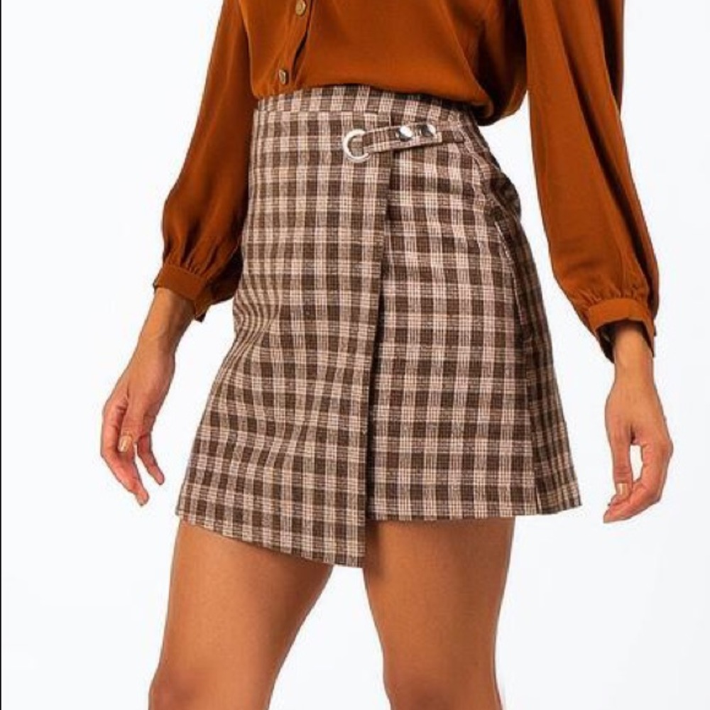EUC Francesca’s Brown Plaid Wrap Mini Skirt